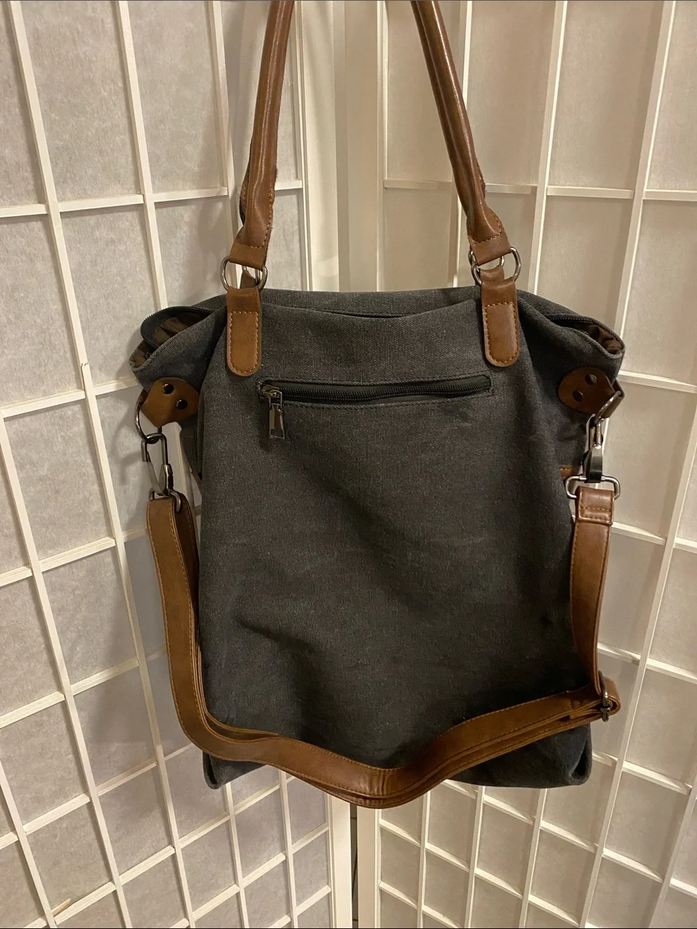 Paris Stamp light black Canvas Tote with Brown Handles and shoulder strap